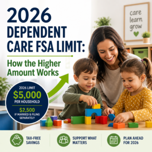 Family planning tax savings infographic about the 2026 dependent care FSA limit increase