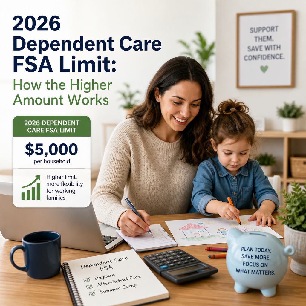 Family budgeting illustration showing a $5,000 dependent care FSA limit increase for 2026