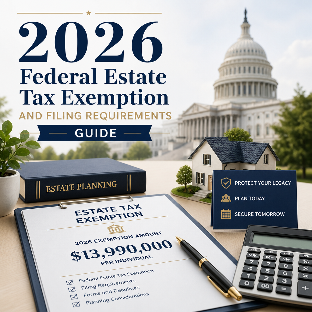 Illustration of a 2026 federal estate tax exemption guide with filing requirements and planning tips