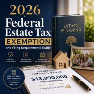 Infographic about the 2026 federal estate tax exemption, filing requirements, and estate planning tips