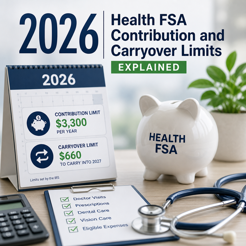 Health FSA contribution limits for 2026 with medical and financial icons highlighting carryover rules