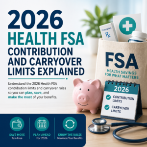 Illustration of a health FSA dashboard with savings tips and 2026 contribution and carryover limits highlighted