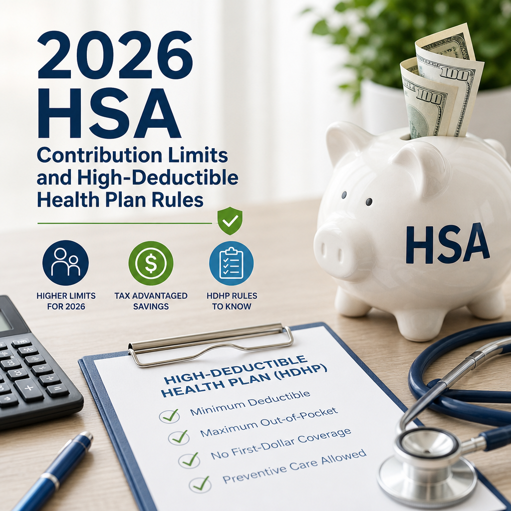 2026 HSA contribution limits and HDHP rules with medical and financial icons illustrating health savings eligibility