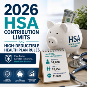 Piggy bank and stethoscope illustrating 2026 HSA contribution limits and high-deductible health plan rules