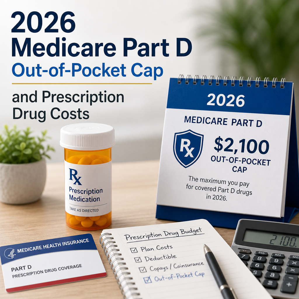 Medication bottle beside budget planner illustrating 2026 Medicare Part D out-of-pocket cap and drug costs