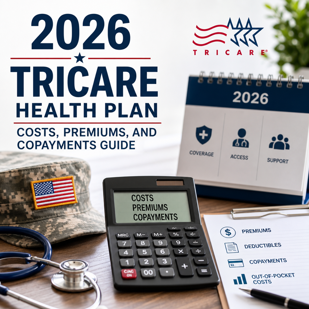 TRICARE cost guide with military and medical icons, showing 2026 premiums and copayments