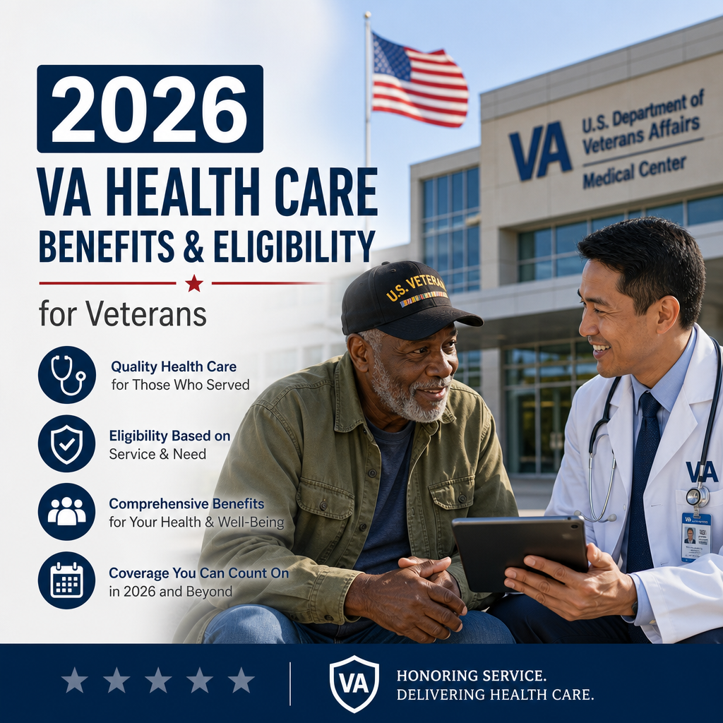 Veteran at a VA Medical Center with text about 2026 VA health care benefits and eligibility