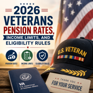 U.S. veteran cap and VA booklet illustrating 2026 veterans pension rates and eligibility rules