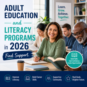 Adults in a literacy class learning together with books, laptops, and supportive instruction