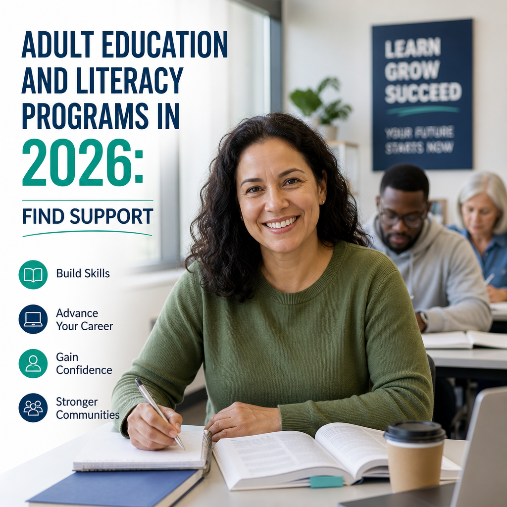 Adult learners in a classroom using digital tools for literacy and job skills support