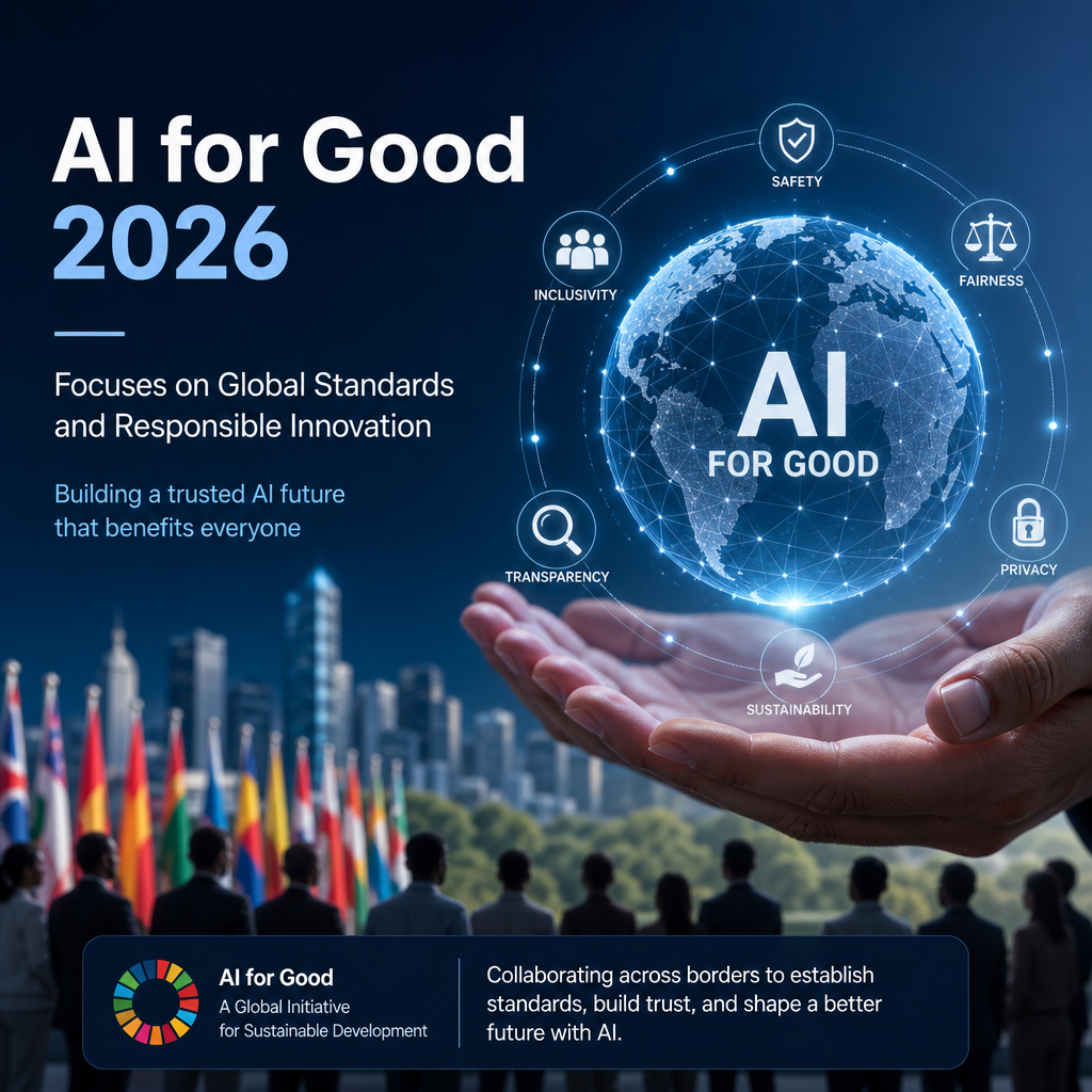 AI for Good 2026 graphic on global AI standards, responsible innovation, trust, and governance