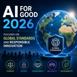 AI for Good 2026 graphic highlighting global standards, responsible AI, fairness, privacy, transparency, and sustainability