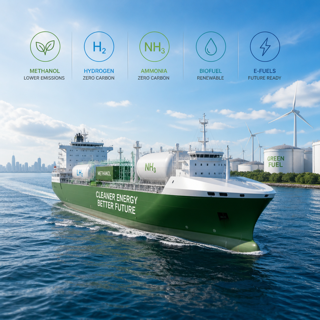 Cargo ship powered by alternative marine fuels including methanol, hydrogen, ammonia, biofuel, and e-fuels