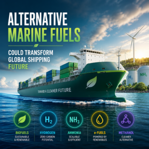 Cargo ship with icons for methanol, ammonia, hydrogen, biofuels, and e-fuels, showing cleaner shipping options