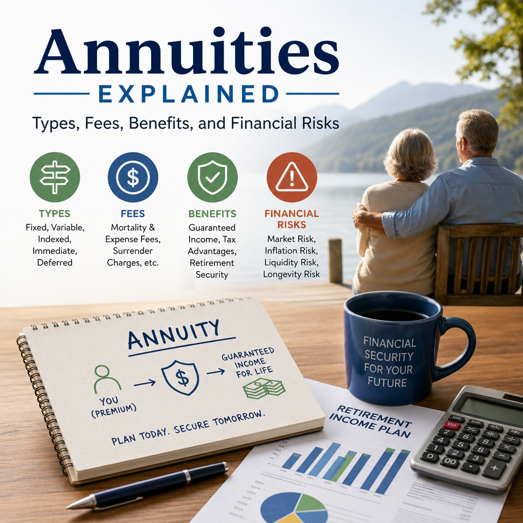 Infographic on annuities explained: types, fees, benefits, risks, and retirement income planning