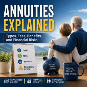 Infographic on annuities explained: types, fees, benefits, and financial risks for retirement planning