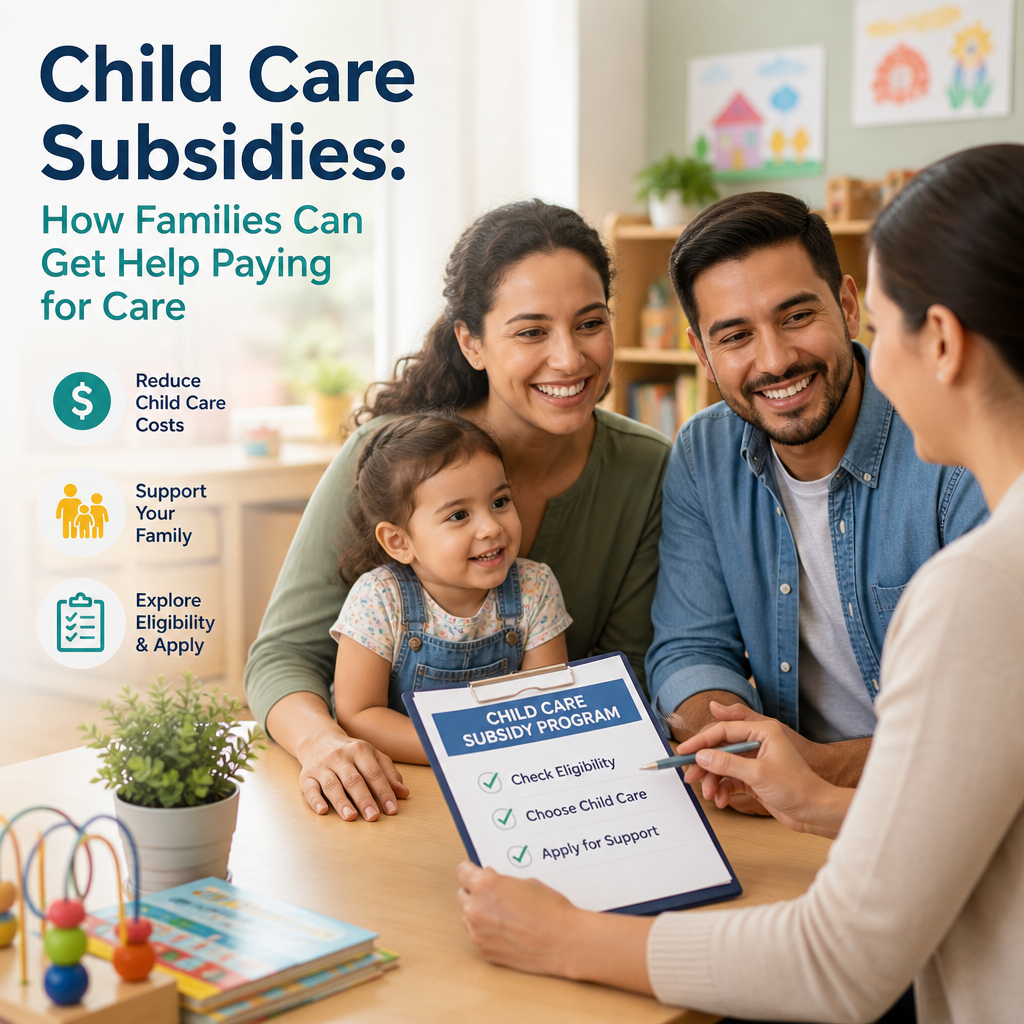 Happy family discussing child care subsidy options with a professional