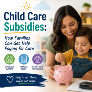 Happy mother and child with piggy bank, symbolizing child care subsidies and financial relief