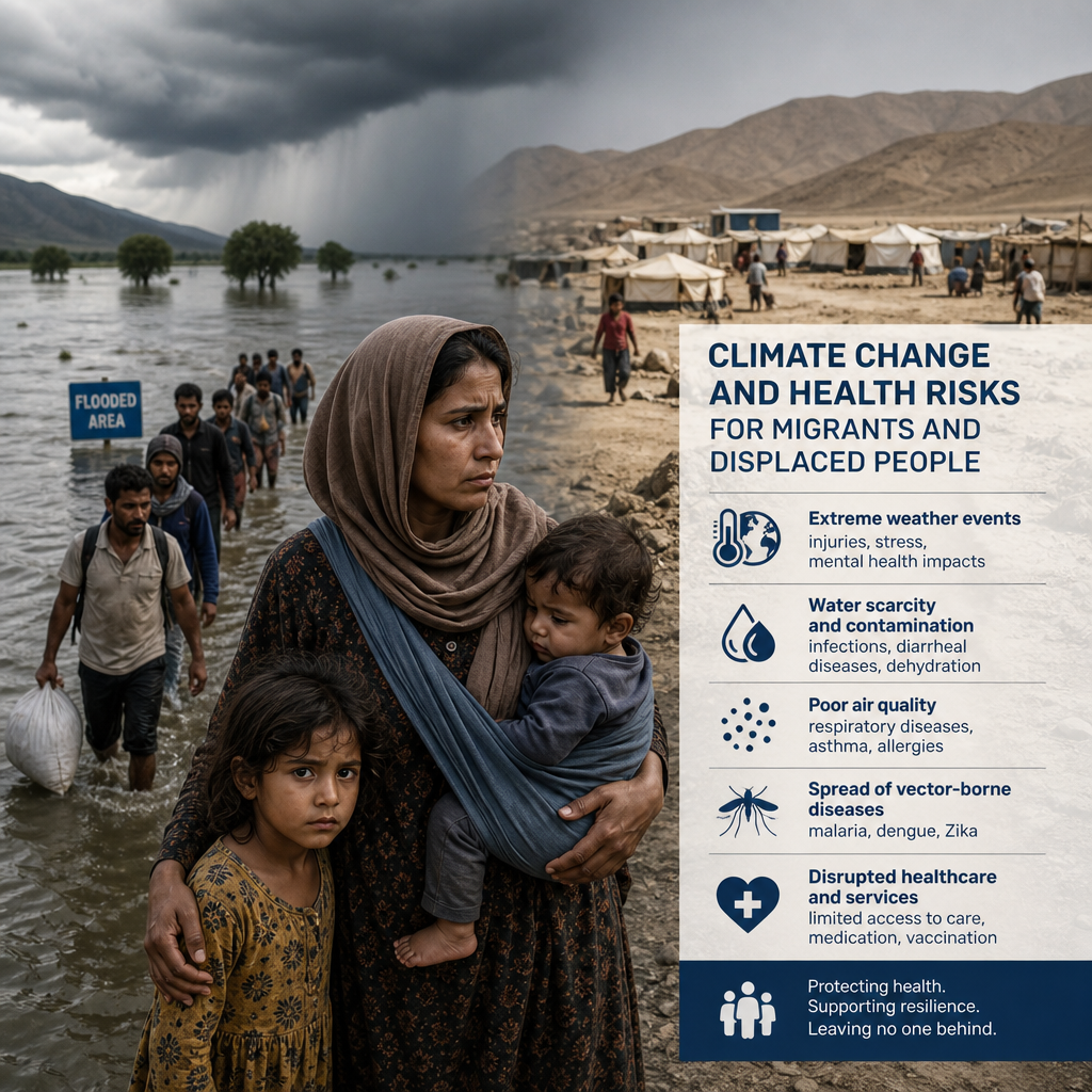 Infographic on climate change health risks for migrants and displaced people in extreme weather and poor conditions