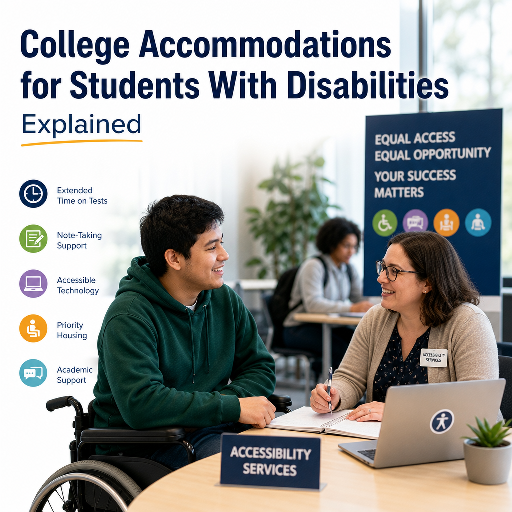 Student with disability using accessible campus services with accommodations support illustration