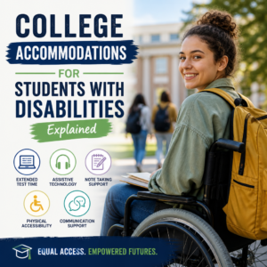 Icon grid showing extended test time, assistive tech, note taking, accessibility, and communication support for students with