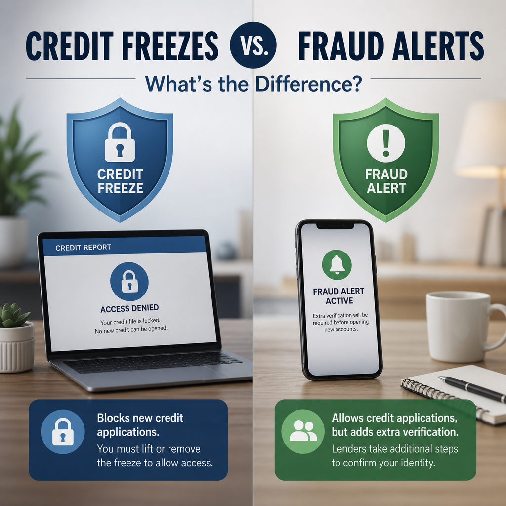 Comparison chart of credit freezes and fraud alerts for credit protection