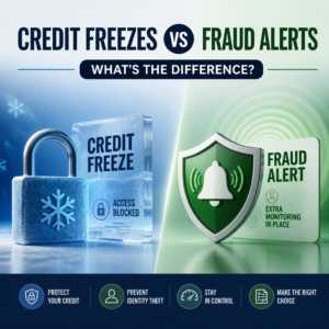 Comparison infographic showing credit freeze versus fraud alert for identity protection