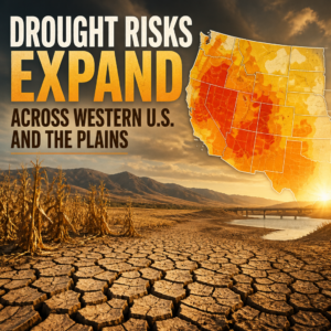 Map of the Western U.S. and Plains showing expanding drought risk, cracked soil, and dead crops