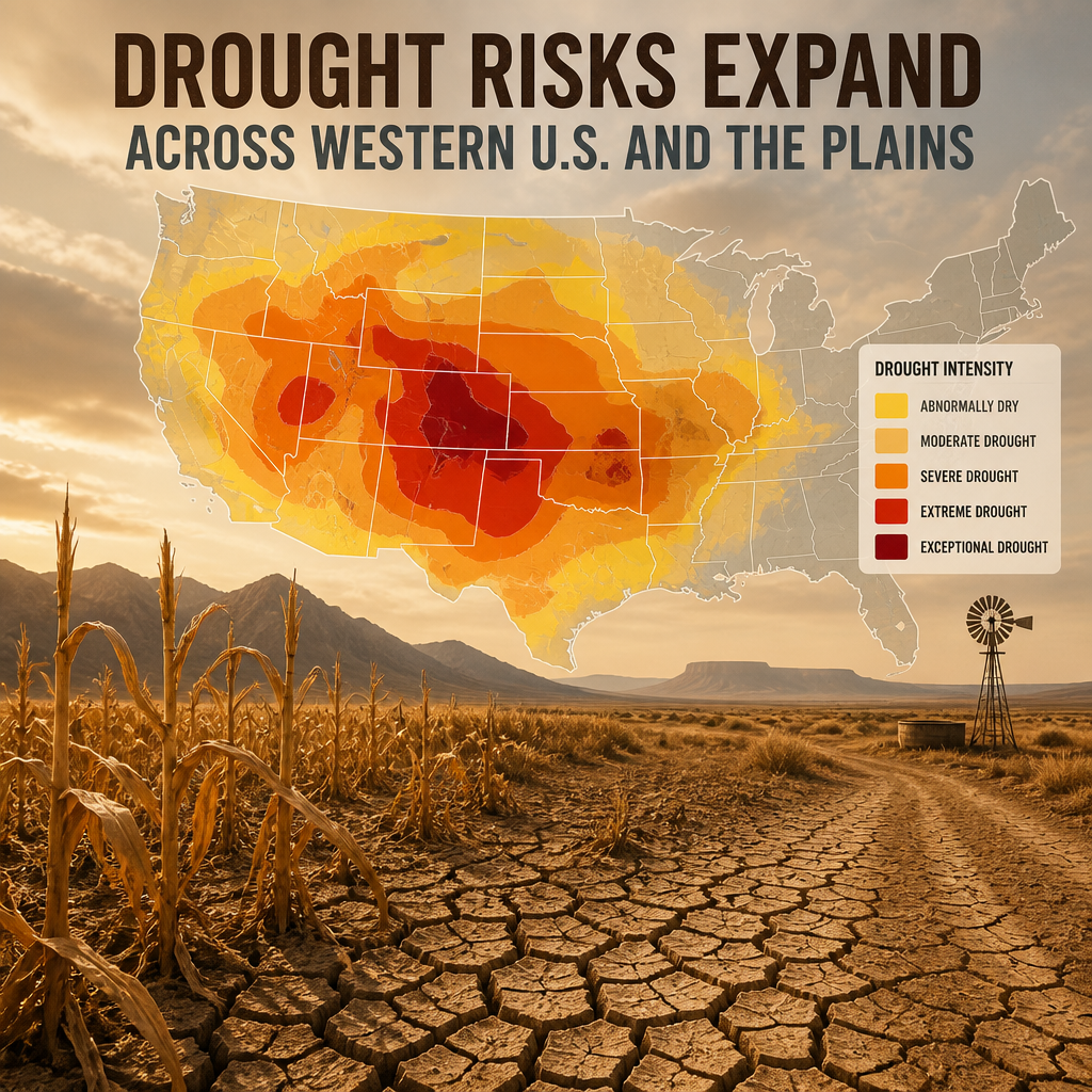 Map of the Western U.S. and Plains showing expanding drought risk levels in varying shades.