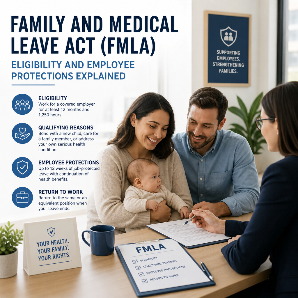 Infographic on Family and Medical Leave Act eligibility, employee protections, and return-to-work rights