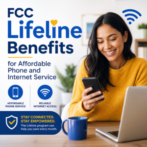 Young woman using phone and laptop about FCC Lifeline benefits for affordable phone and internet service