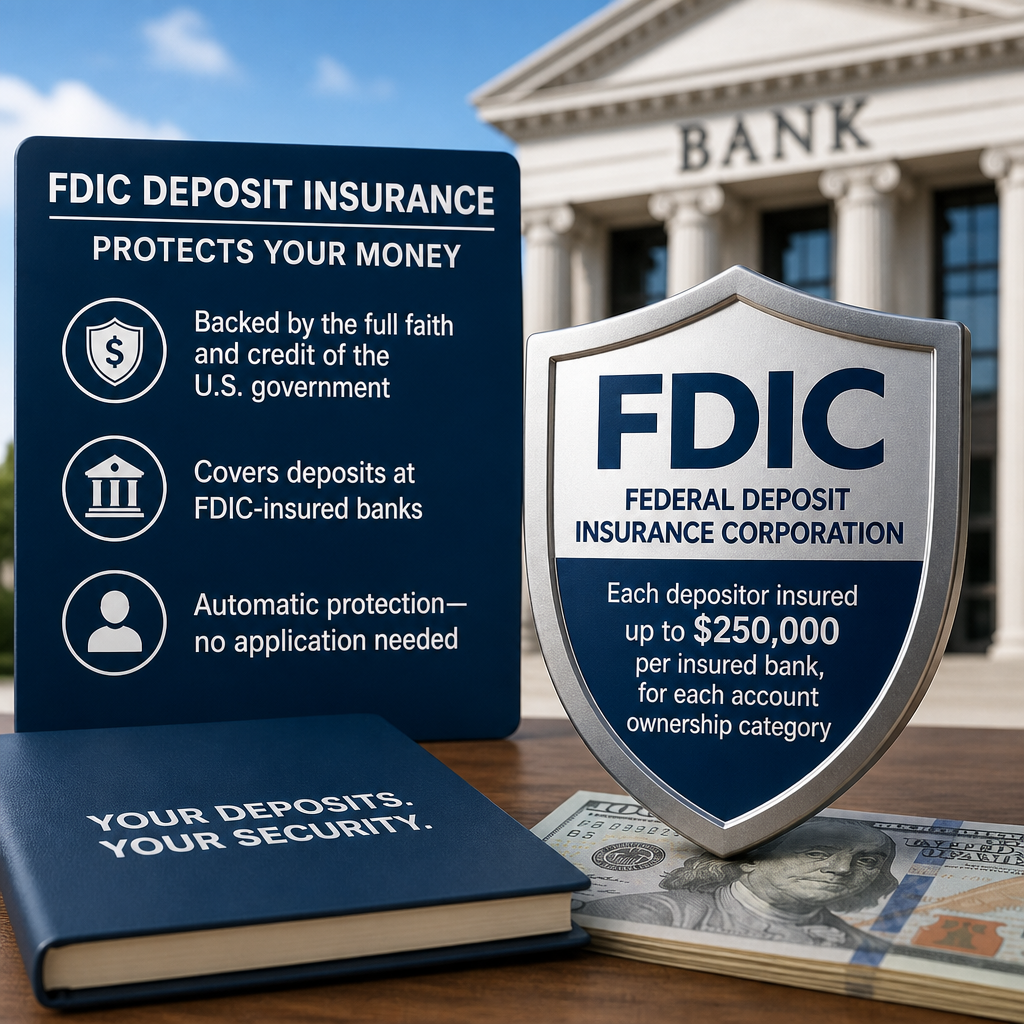 FDIC deposit insurance protects bank deposits up to $250,000 per account in U.S. banks.