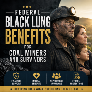 Coal miner with family icons and medical symbol illustrating federal black lung benefits and survivor support