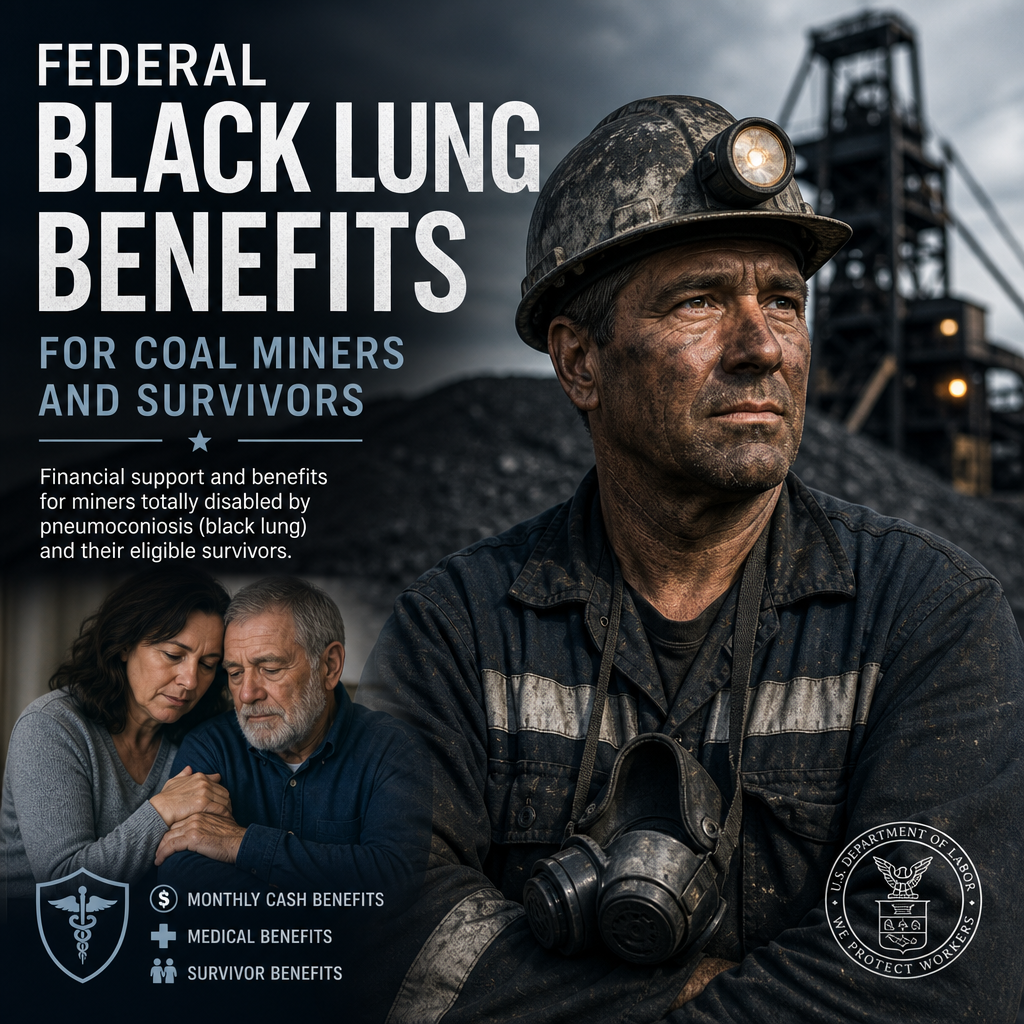 Coal miner wearing respirator with icons for medical care, financial aid, and survivor benefits