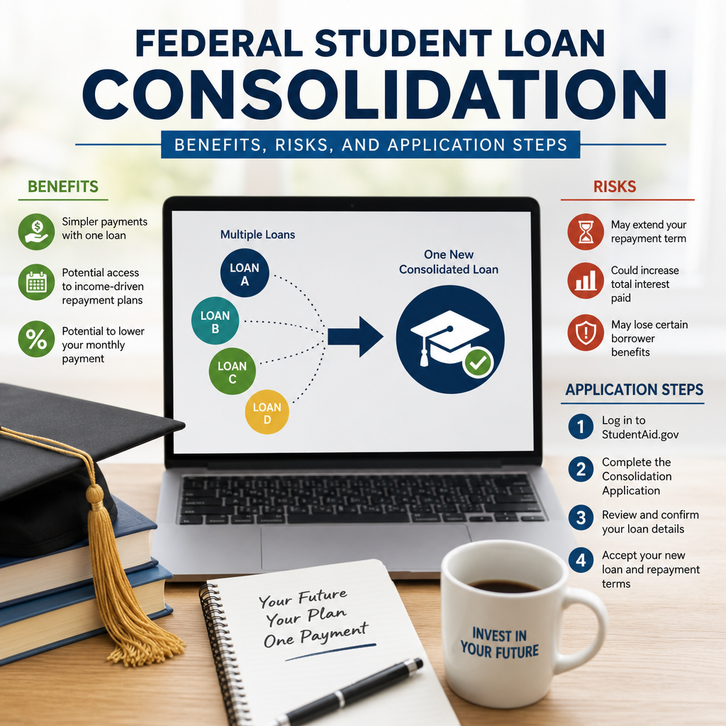 Infographic on federal student loan consolidation benefits, risks, and application steps