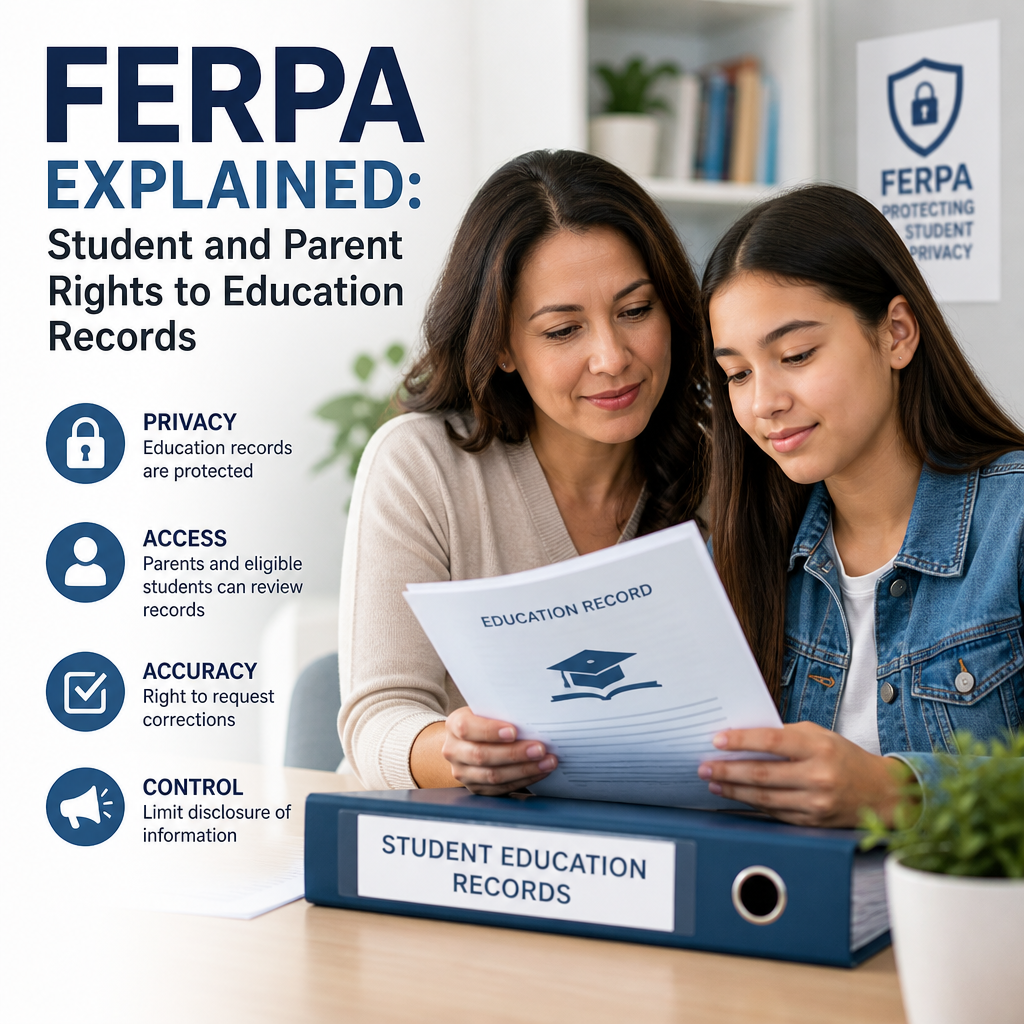 Illustration of student and parent reviewing education records, showing FERPA privacy, access, accuracy, and control rights