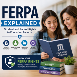 Illustration of parents and student reviewing education records with privacy and access control icons for FERPA rights