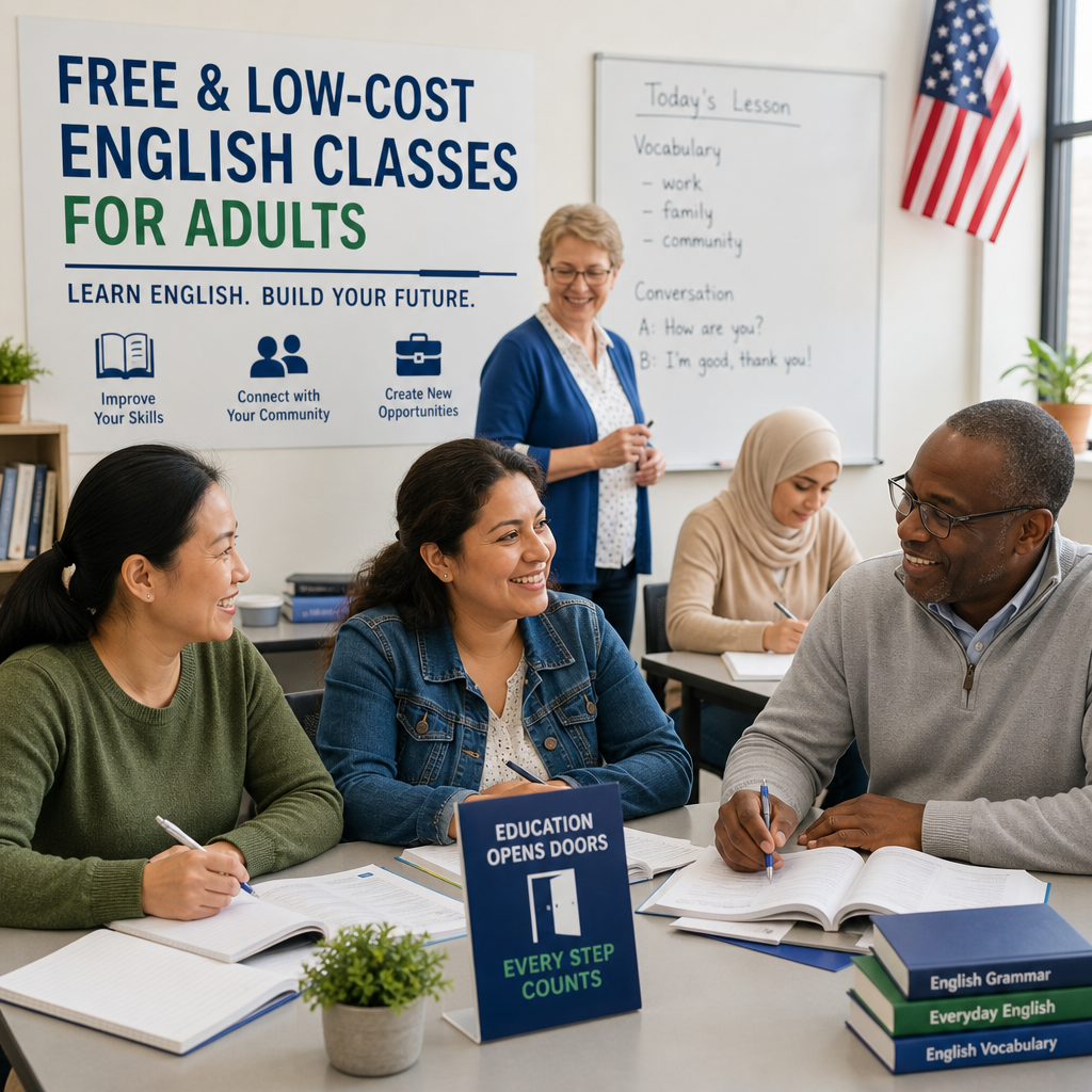 Adult students in a free English class with a diverse teacher at a community learning center.