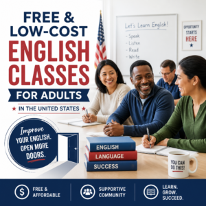 Adults in a free English class learning together with a teacher in a community setting