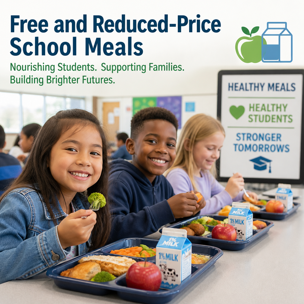 Diverse students eating healthy school lunches, illustrating free and reduced-price school meal programs