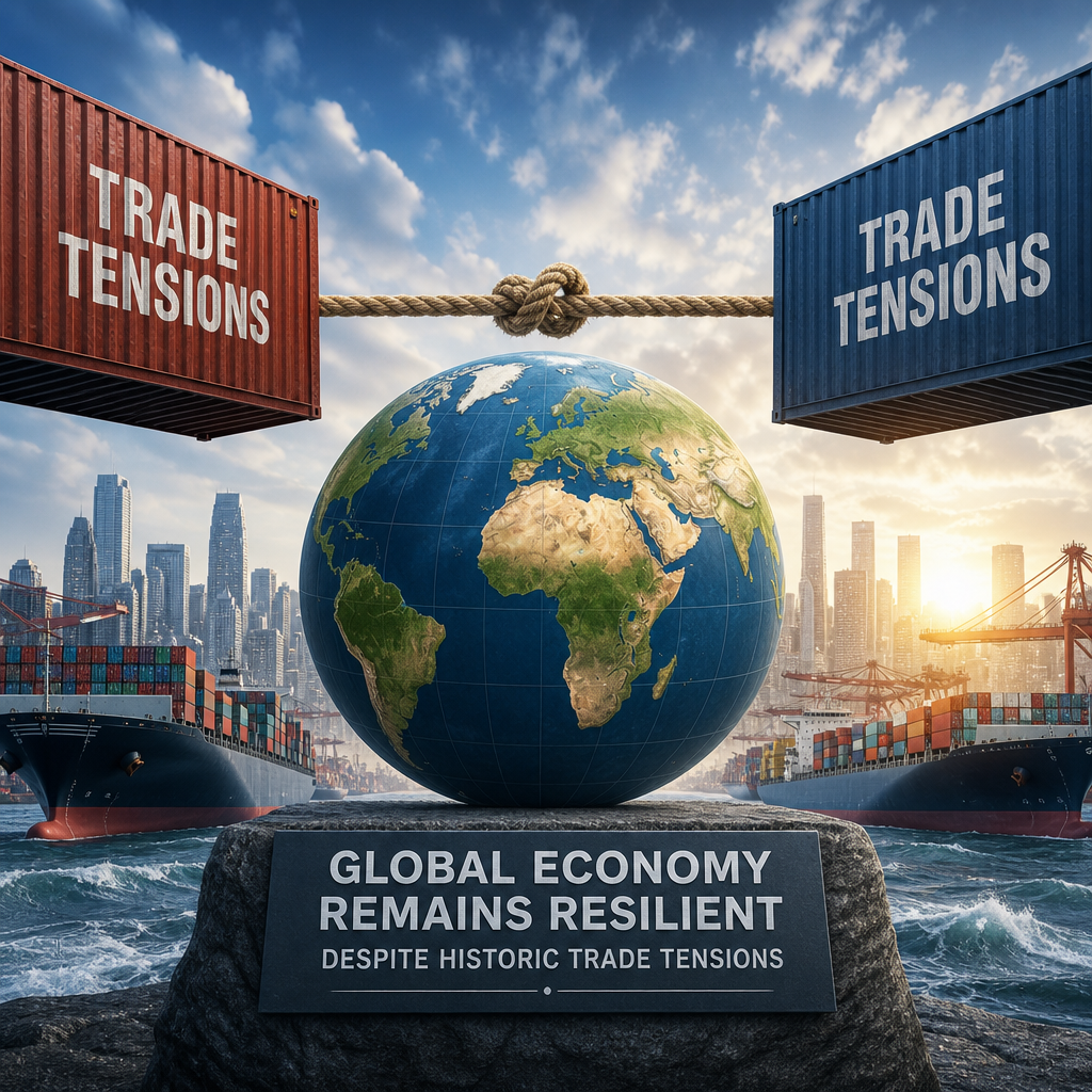 Shipping containers circling a globe, symbolizing a resilient global economy amid trade tensions