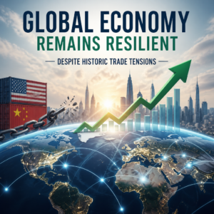 Global economy graphic showing resilience and growth amid U.S.-China trade tensions