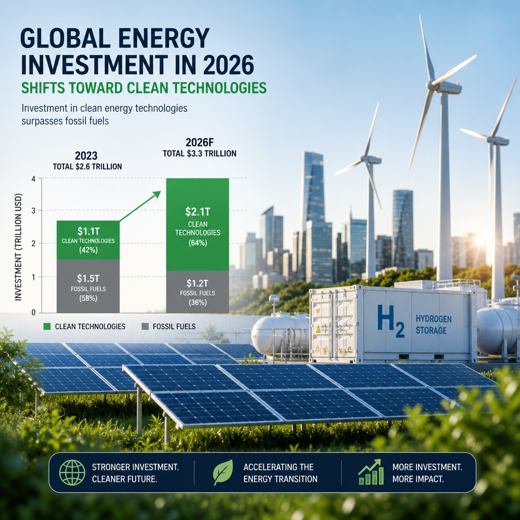 Global energy investment shifting to clean technologies like solar, wind, and hydrogen storage in 2026
