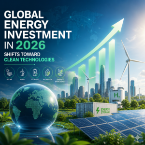 Clean technology icons showing solar, wind, storage, hydrogen, and efficiency for global energy investment