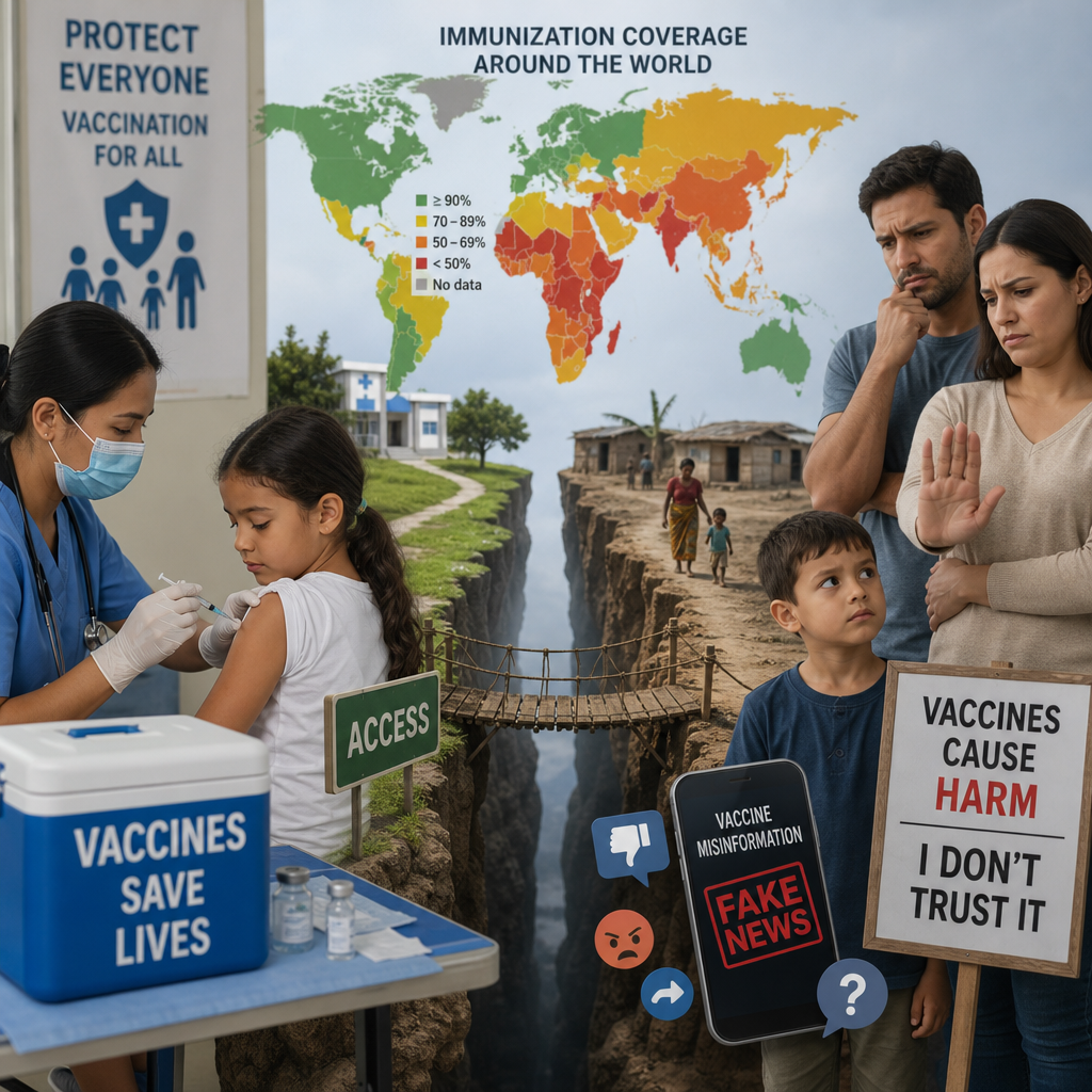 Healthcare worker vaccinates a child while a skeptical family stands nearby, with global immunization and misinformation imag