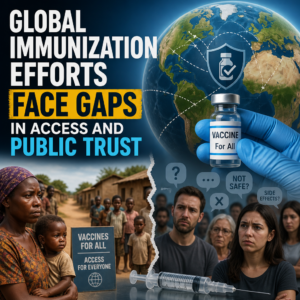 World map with vaccine vials and people, showing global immunization access gaps and public trust challenges