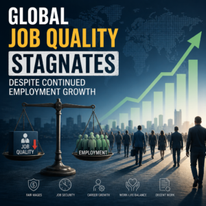 Infographic showing global job quality stagnation despite rising employment, with fair wages and job security indicators
