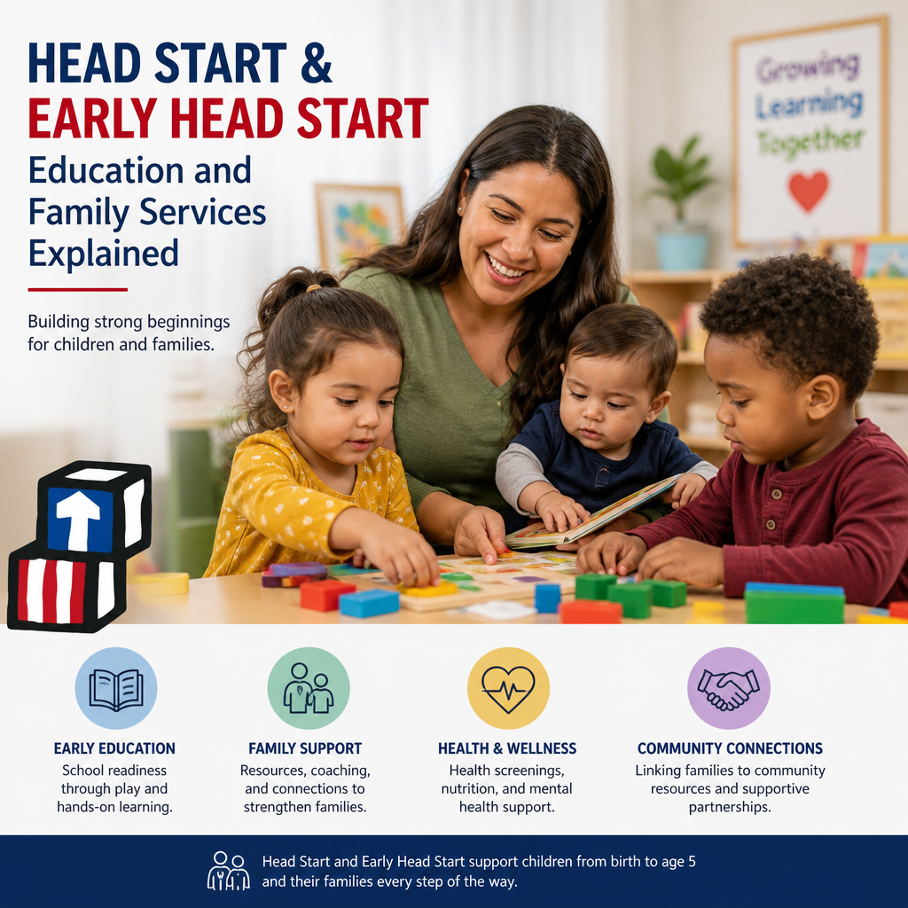 Diverse preschool children and a teacher doing early learning activities in a Head Start classroom