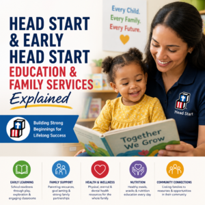 Illustration of Head Start programs supporting early learning, health, nutrition, family support, and community connections