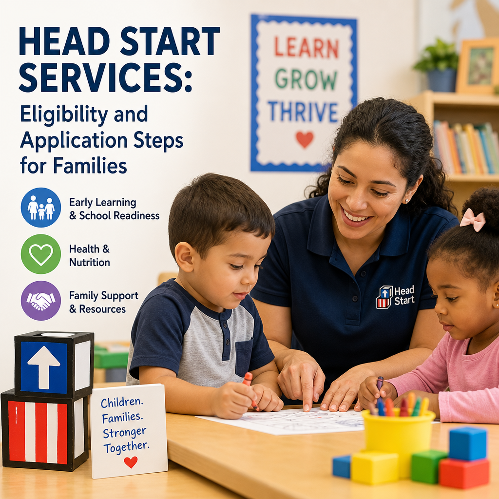 Illustration of Head Start services for families, showing early learning, health, nutrition, and family support icons.